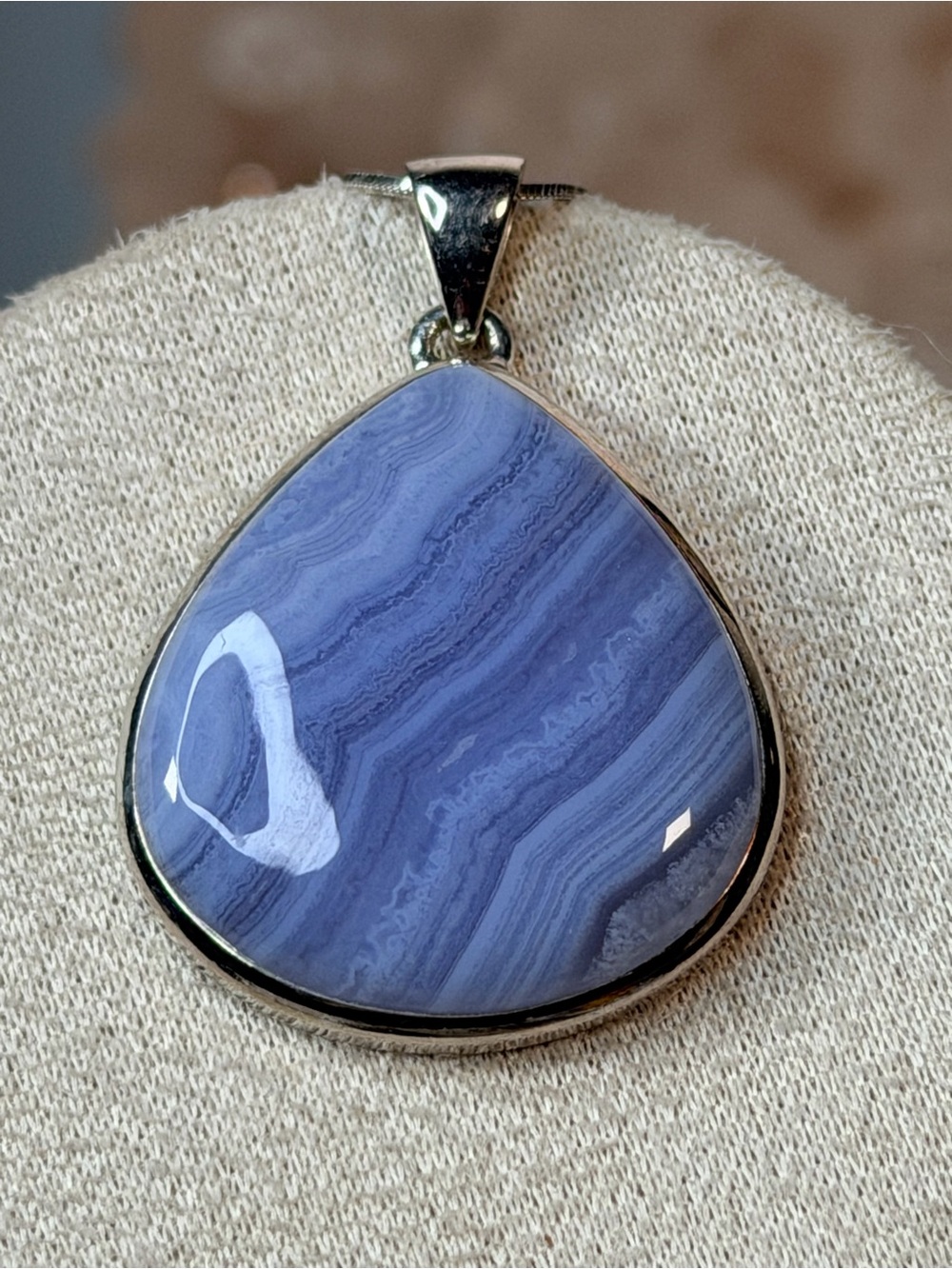 Blue Lace Agate Teardrop Pendant Necklace - Sliver